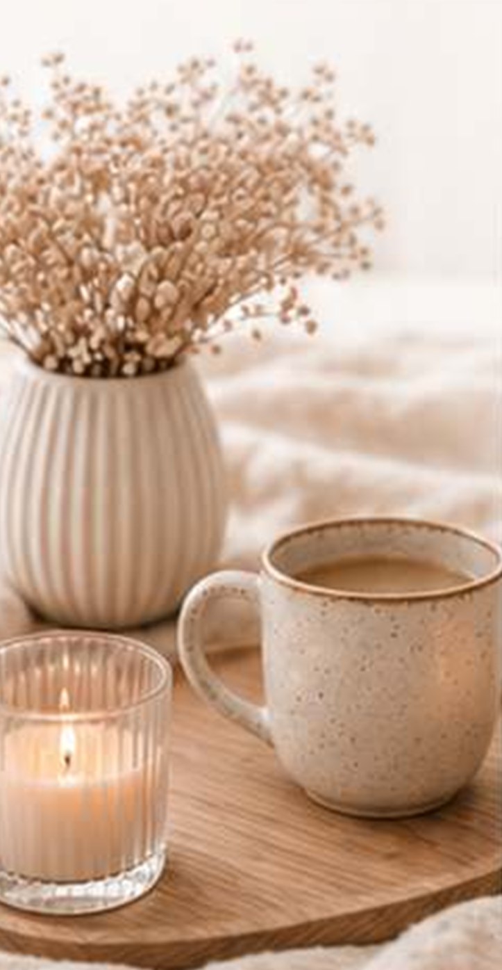 Vase mit Trockenblumen, eine Tasse und eine Kerze auf einem Holztablett.